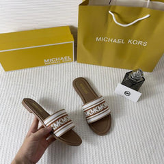 Michael Kors MK Sadler Slide Flats Brown Monogram Fabric Strap With OG Box 235 M6 Brown