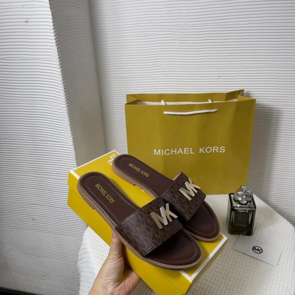Michael Kors MK Kippy Leather Slide Flats Brown Embossed Logoprint With OG Box & Carry Bag 235 M5 Brown