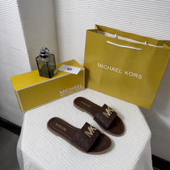 Michael Kors MK Kippy Leather Slide Flats Brown Embossed Logoprint With OG Box & Carry Bag 235 M5 Brown