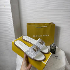 Michael Kors MK Kippy Leather Slide Flats White Embossed Logoprint With OG Box & Carry Bag 235 M5 White