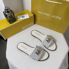 Michael Kors MK Kippy Leather Slide Flats White Embossed Logoprint With OG Box & Carry Bag 235 M5 White
