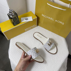 Michael Kors MK Kippy Leather Slide Flats White Embossed Logoprint With OG Box & Carry Bag 235 M5 White