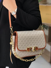 Michael Kors Parker Medium Logo Beige Brown Messenger Bag With OG Box Dust Cover & Carry Bag 100828 Beige Brown