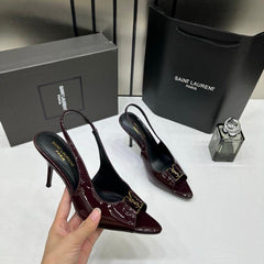 Ysl Saint Laurent Wine Patent Leather Slingback Heels With OG Box & Carry Bag Wine Patent A19