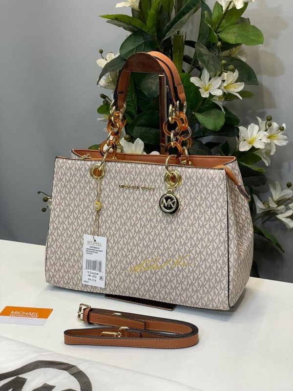 Michael Kors Cynthia Signature Bag With Dust Bag (5340 Beige Brown)