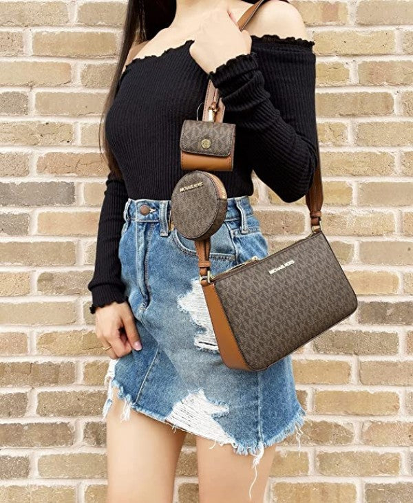 Michael Kors MK Jet Set Crossbody With Tech Accessories Coin Pouch & Ear Pod With Dust Bag (Coffee-Brown-M7021)