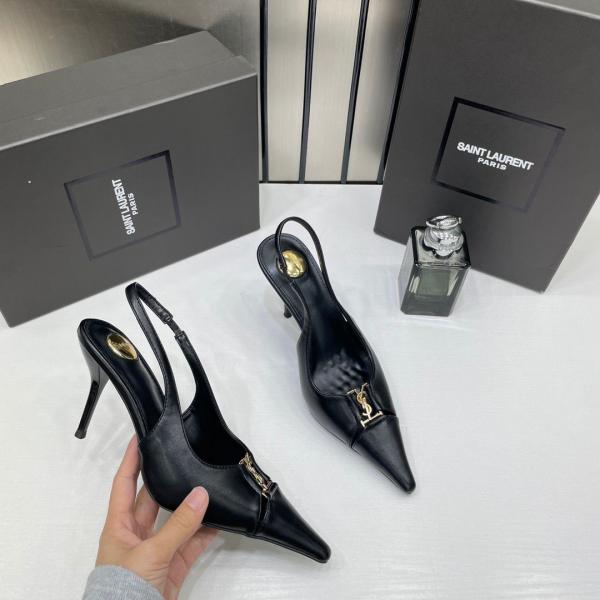 Ysl Yves Saint Laurent Pointed Toe Matte Leather Slingback Pumps With OG Box Dust Cover Black A16