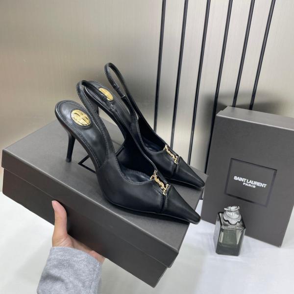 Ysl Yves Saint Laurent Pointed Toe Matte Leather Slingback Pumps With OG Box Dust Cover Black A16