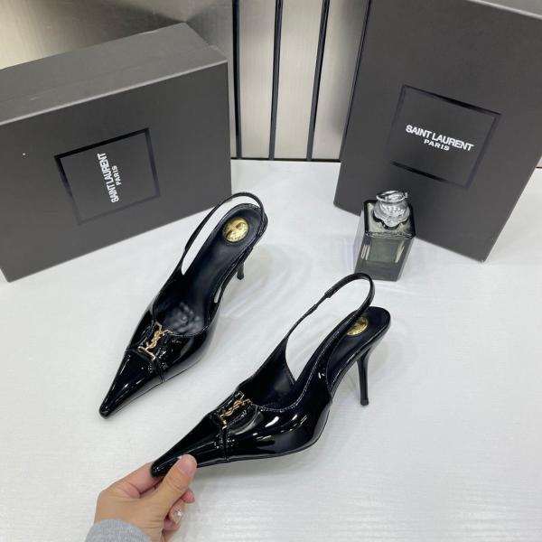 Ysl Yves Saint Laurent Pointed Toe Glossy Patent Leather Slingback Pumps With OG Box Dust Cover Glossy Patent Black 16