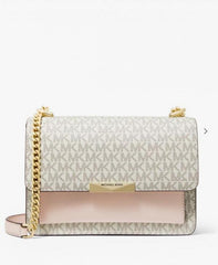 Michael Kors Jade Large Logo Leather Crossbody Bag With OG Box & Dust Cover 60039 Beige Pink
