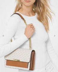 Michael Kors Jade Large Logo Leather Crossbody Bag With OG Box & Dust Cover 60039 Beige Brown
