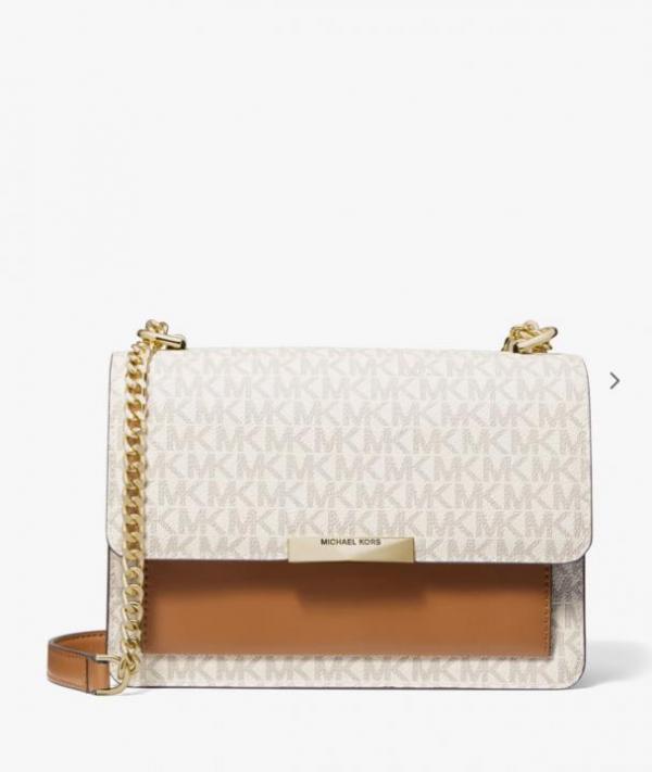 Michael Kors Jade Large Logo Leather Crossbody Bag With OG Box & Dust Cover 60039 Beige Brown