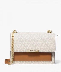 Michael Kors Jade Large Logo Leather Crossbody Bag With OG Box & Dust Cover 60039 Beige Brown
