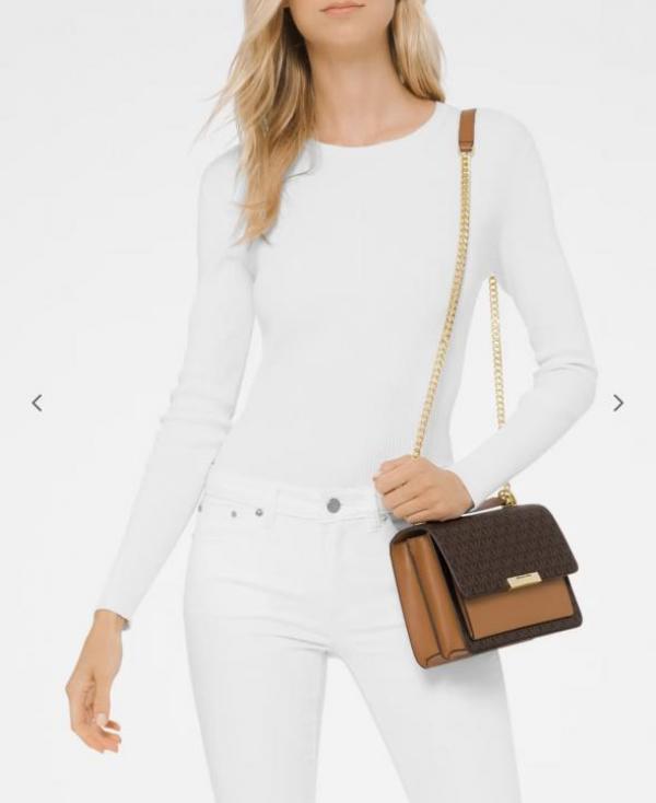 Michael Kors Jade Large Logo Leather Crossbody Bag With OG Box & Dust Cover 60039 Coffee Brown