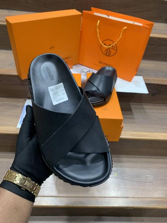 HERMES INFRA BLACK PREMIUM LEATHER SLIDE