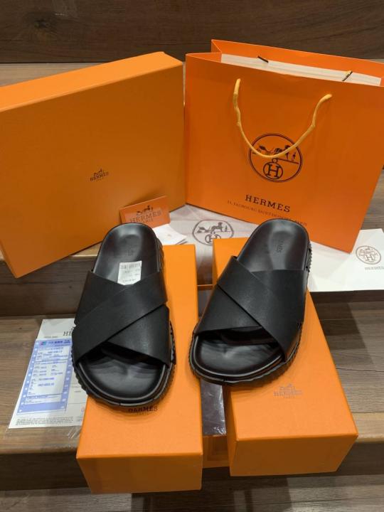 HERMES INFRA BLACK PREMIUM LEATHER SLIDE