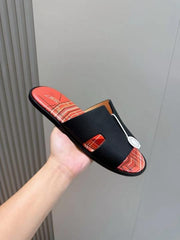 Hermes Izmir Mens Leather Slippers Black Upper Red & Plaid-patterned Insole