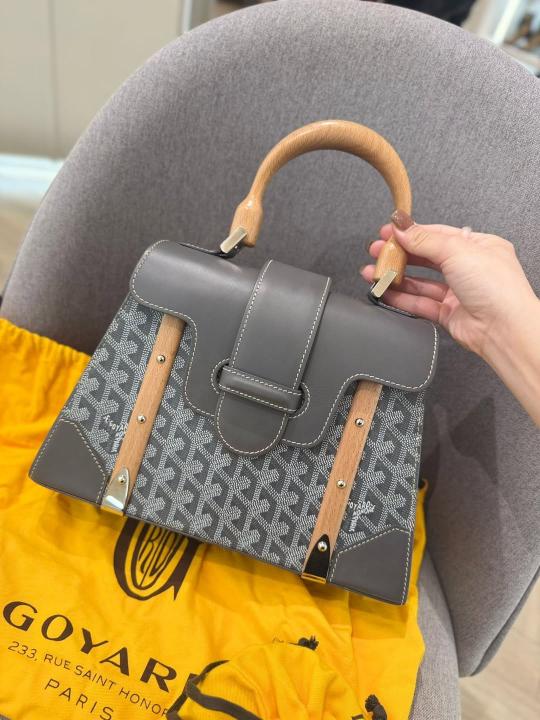 Goyard Goyardine Saigon Grey Big PM Top Wodden Handle Bag in Grey With OG Box & Dust Cover 23081 Grey