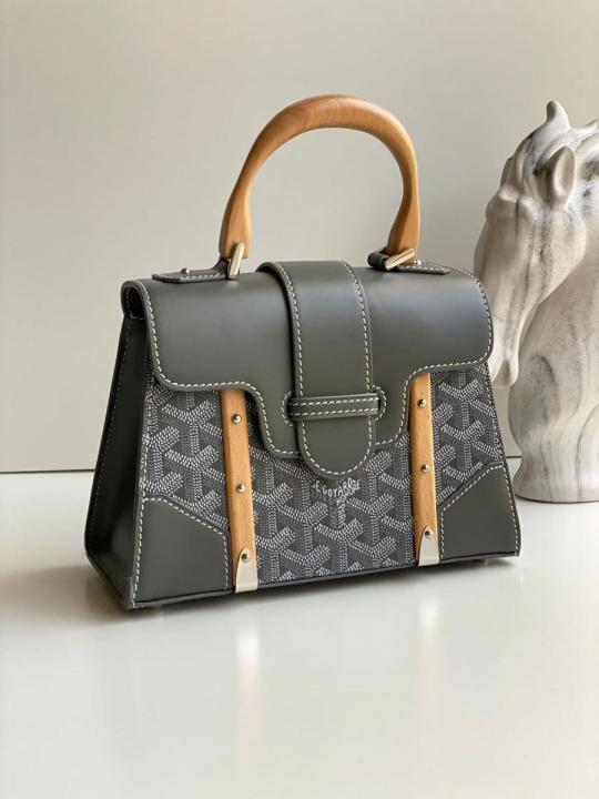Goyard Goyardine Saigon Grey Big PM Top Wodden Handle Bag in Grey With OG Box & Dust Cover 23081 Grey