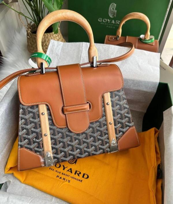 Goyard Goyardine Saigon Brown Big PM Top Wodden Handle Bag in Brown With OG Box & Dust Cover 23081 Brown