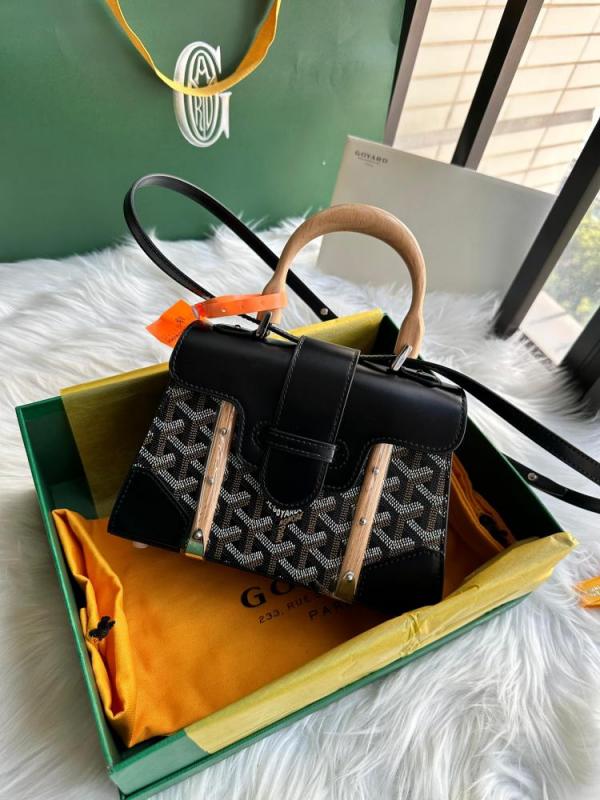 Goyard Goyardine Saigon Black Big PM Top Wodden Handle Bag in Black With OG Box & Dust Cover 23081 Black