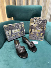 Christian Dior Black Leather Heel Mule With OG Box & Carry Bag 14072