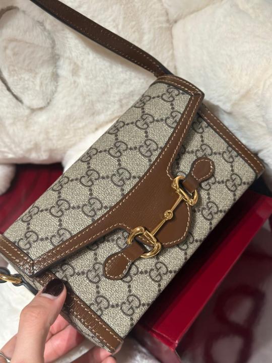 Gucci Horsebit 1955 Mini Bag Brown GG Supreme Canvas With OG Box & Carry Bag Apricot 625615 Brown