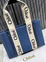 Chloe Denim Medium Canvas Woody Tote With Dust Cover Denim Blue