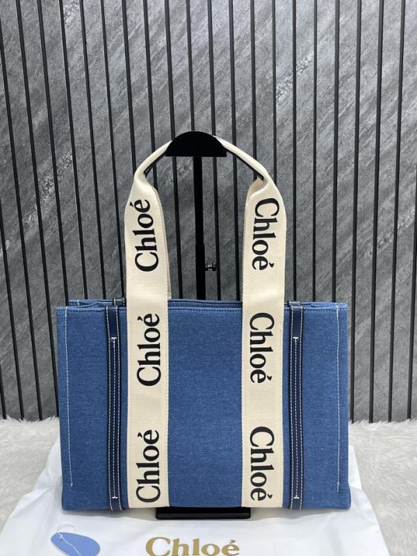 Chloe Denim Medium Canvas Woody Tote With Dust Cover Denim Blue
