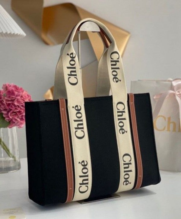 Chloe Black Cloth Brown Canvas Medium Canvas Woody Tote With Dust Cover Black Cloth Brown