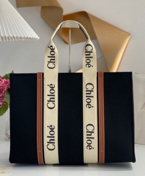 Chloe Black Cloth Brown Canvas Medium Canvas Woody Tote With Dust Cover Black Cloth Brown