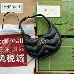 Gucci GG Marmont Half Moon Shaped Black Calfskin Gold Hardware Black 770983 With OG Red Box & Dust Bag