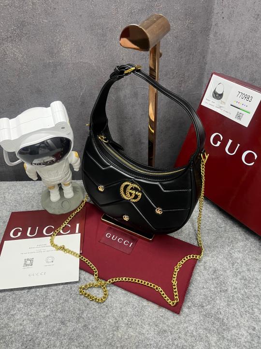 Gucci GG Marmont Half Moon Shaped Black Calfskin Gold Hardware Black 770983 With OG Red Box & Dust Bag