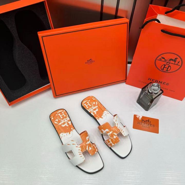 Hermes Paris Oran Flats For Her With OG Box & Carry Bag H38-44 White Orange Slide