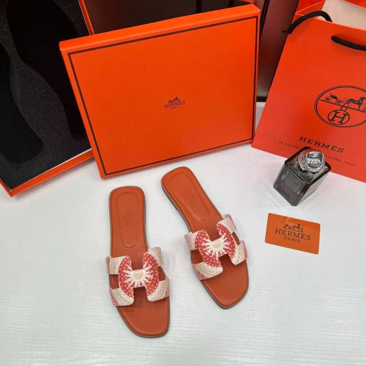 Hermes Paris Oran Flats For Her With OG Box & Carry Bag H38-44 Orange Color Slide