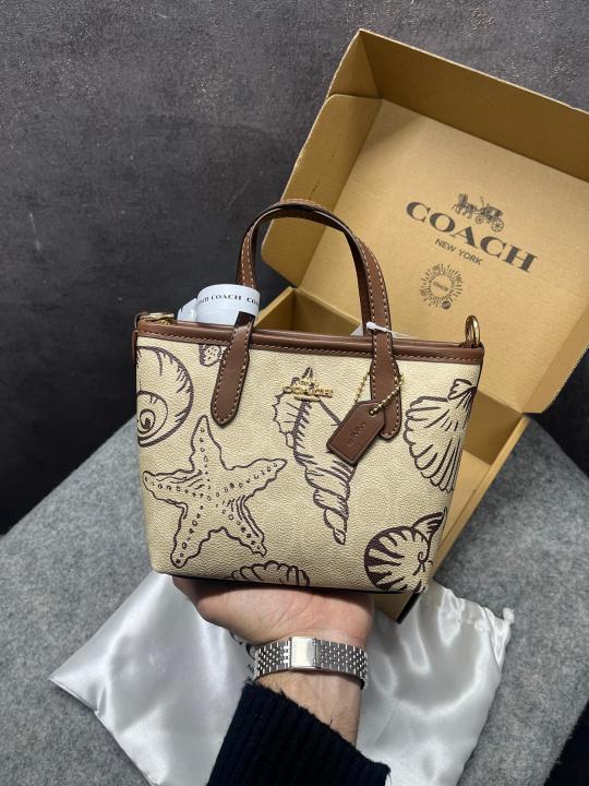 Coach Mini City Teri Toe Shoulder Bag In Signature Canvas Shell Print Gold Sand OG & Dust Bag 165