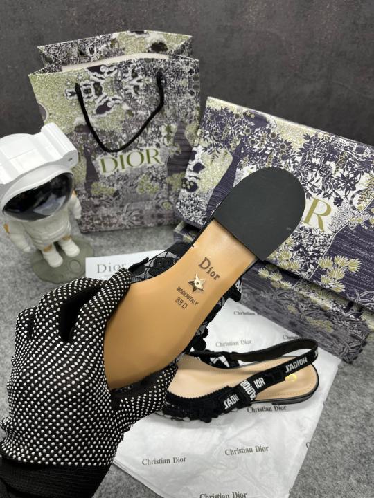 Christian Dior JA dior Slingback Transparent Mesh Black Dior Embroidery Flat With OG Box Dust Bag & Carry Bag