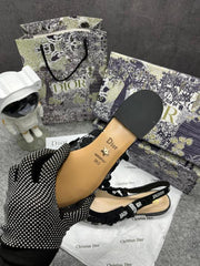 Christian Dior JA dior Slingback Transparent Mesh Black Dior Embroidery Flat With OG Box Dust Bag & Carry Bag
