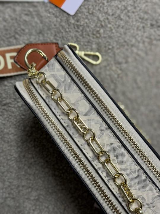 Michael Kors Jet Set Signature Logo Striped Small Camera Crossbody Bag Beige With OG Box Dust Cover & Carry Bag 248 Beige