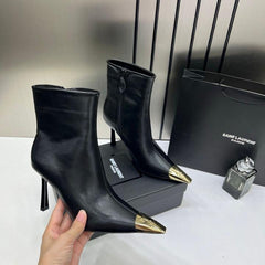 Ysl Saint Laurent Paris Black High Heeled Ankle Boots With Gold Metal Toe Cap With OG Box Dust over & Carry Bag B1 Black