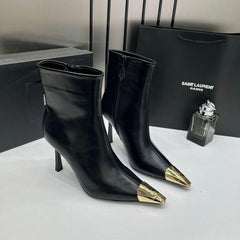 Ysl Saint Laurent Paris Black High Heeled Ankle Boots With Gold Metal Toe Cap With OG Box Dust over & Carry Bag B1 Black