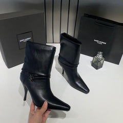 Ysl Saint Laurent Niki Leather High Heeled Ankle Boots With The YSL Logo With OG Box Dust Cover & Carry Bag B2 Black