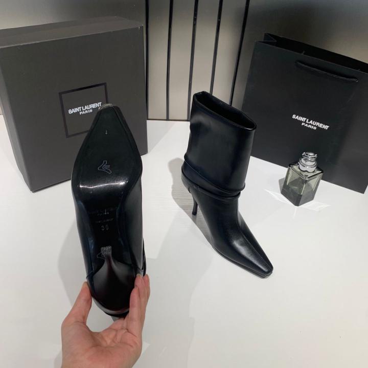 Ysl Saint Laurent Niki Leather High Heeled Ankle Boots With The YSL Logo With OG Box Dust Cover & Carry Bag B2 Black