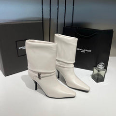 Ysl Saint Laurent Niki Leather High Heeled Ankle Boots With The YSL Logo With OG Box Dust Cover & Carry Bag B2 Off White