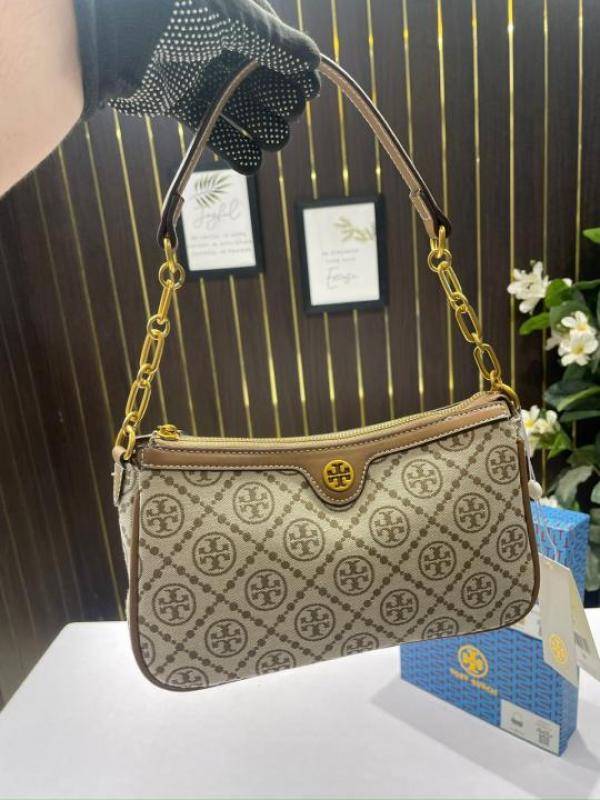 Tory Burch T Monogram Jacquard Top Handle Sling Bag With OG Box Dust Cover Brown