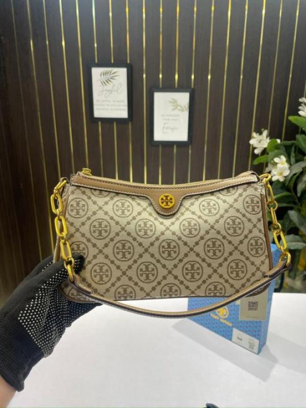 Tory Burch T Monogram Jacquard Top Handle Sling Bag With OG Box Dust Cover Brown