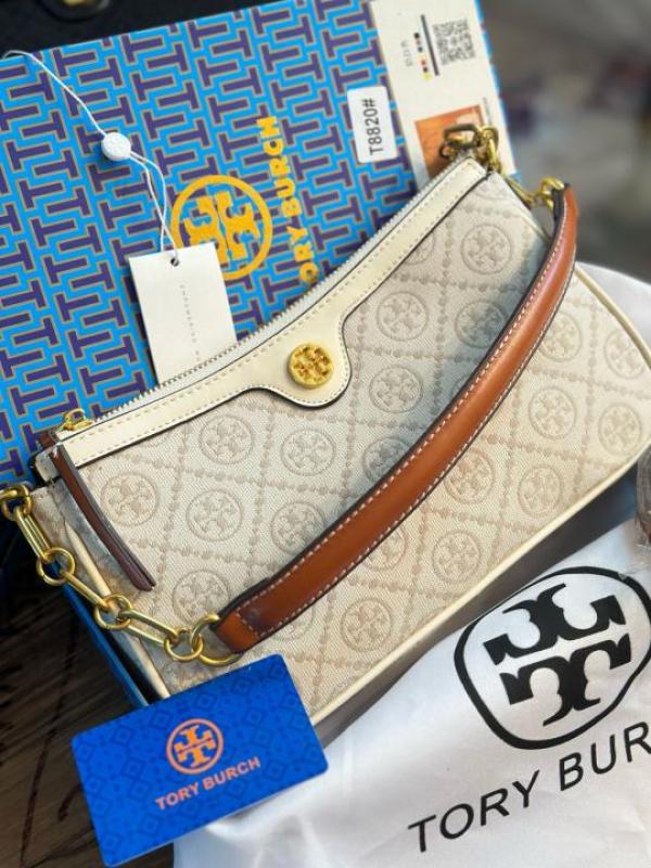 Tory Burch T Monogram Jacquard Top Handle Sling Bag With OG Box Dust Cover White
