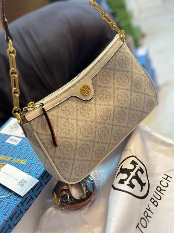 Tory Burch T Monogram Jacquard Top Handle Sling Bag With OG Box Dust Cover White