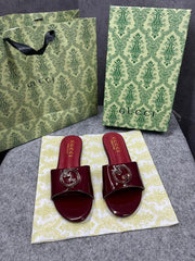 Gucci Round Interlocking G in Rosso Red Leather Shiny Classic Slides With OG Box & Carry Bag 1892