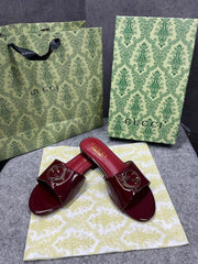 Gucci Round Interlocking G in Rosso Red Leather Shiny Classic Slides With OG Box & Carry Bag 1892